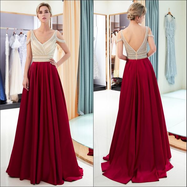 elegant off shoulder backless crystals beaded evening dresses a-line sleeveless long pageant dresses prom gowns cps1158, Black;red